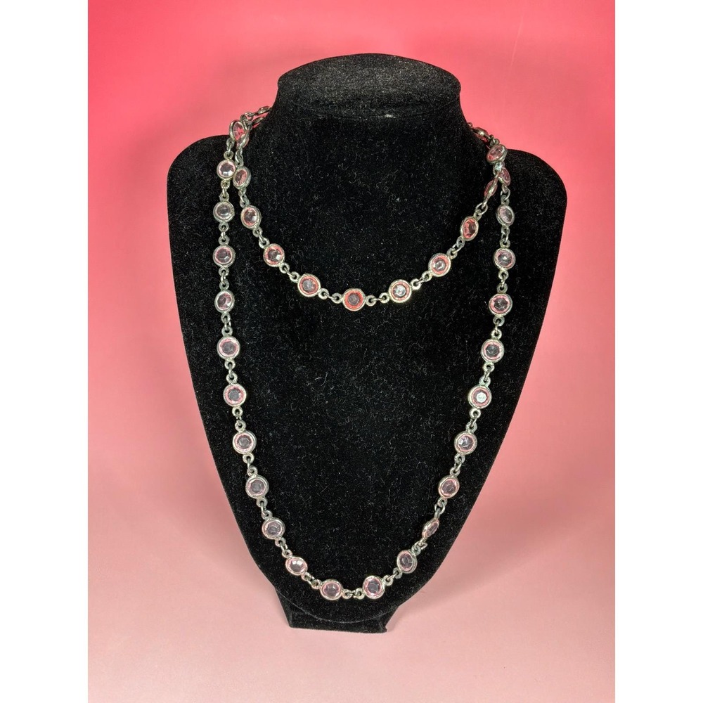Vintage Pink Faceted Crystal Sterling Silver Long Necklace - Picture 2 of 4